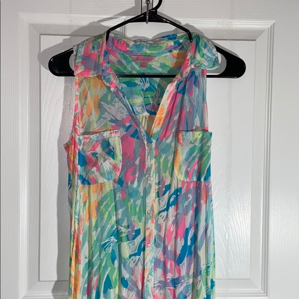 Lily Pulitzer- long collared dress , button up.